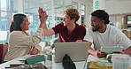 High five, laptop and discussion for exam, group preparation and studying on campus. College students, friends and celebration with tech, conversation and notebook for learning and scholarship goal
