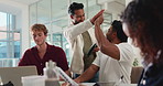 Excited, teacher or students high five in school for test success, exam results or support. Proud professor, college or happy people in classroom for university goal, project or scholarship approval