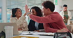 Celebrate, happy people or high five with documents for teamwork, good news or agreement. Designers, smile or excited employees with project approval, creative group or goals in startup for success