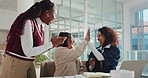Office, happy people or high five with book for teamwork, good news or publication approval. Collaboration, support or excited writers with project, creative group or goals in startup for success