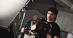 Filming, creative or cameraman with stablizer in studio for news anchor, shooting or record. Producer, technology and people in media production with equipment or cinematographer on set for motion