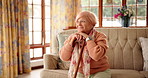 Assisted living, thinking and elderly woman with cane, smile and pensioner with Alzheimer in lounge. Happy, reflection and  senior person with disability, dementia and rehabilitation in nursing home