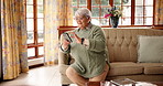 Home, relax or old woman with phone for news for internet, texting or learning on technology. Check, network or curious senior person with mobile for online media, beginner guide or digital website