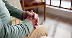 Anxiety, concern and stress with hands of old person in bedroom of retirement home for uncertainty. Afraid, thinking and worry with nervous senior in apartment for difficulty, phobia or memory loss