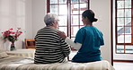 Healthcare, checkup and nurse with senior woman for medical advice, support or assessment. Comfort, retirement and caregiver with elderly female patient in bedroom for assistance in nursing home