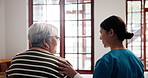 Medical, consultation and nurse with senior woman for healthcare advice, support or assessment. Checkup, comfort and caregiver with elderly female patient in bedroom for assistance in nursing home