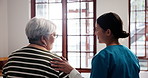 Healthcare, compassion and nurse with senior woman for medical advice, support or assessment. Checkup, retirement and caregiver with elderly female patient in bedroom for assistance in nursing home.