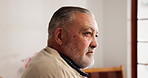 Anxiety, regret and thinking with senior man in retirement home for memories or nostalgia. Alone, depression and relax with unhappy old person in bedroom of apartment for contemplation or frustration