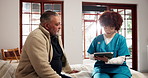 Results, old man or nurse in nursing home with tablet for news, consulting or explaining treatment. Wellness check, exam or caregiver talking to senior patient with medical test, healthcare and help
