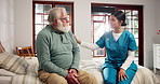 Healthcare, consultation and nurse with senior man for medical advice, support or assessment. Checkup, retirement and caregiver with elderly male patient in bedroom for assistance in nursing home
