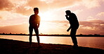 Fitness, laughing and sunset with couple outdoor together for training goals, milestone or target. Funny, partnership and silhouette with athlete people in nature for bonding, exercise or workout