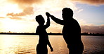 Applause, high five and sunset with fitness couple outdoor together for training goals or target. Clapping, silhouette and success with athlete people in nature for bonding, exercise or workout