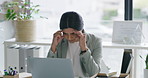 Laptop, headache or businesswoman in office with mental breakdown, brain fog or debt crisis. Dizzy, stress or overworked financial accountant overwhelmed with pressure, migraine pain or finance risk 