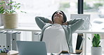 Relax, laptop or happy woman in office for resting, administration or stretching for complete work. Break, finish or human resources manager with smile at business for registration or job well done 
