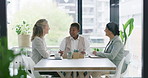 Discussion, planning or business women in meeting for budget feedback, research or review. Smile, financial manager or analyst talking in office with teamwork, portfolio or task for project funding