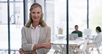 Arms crossed, business and face of manager woman in office for corporate development or growth. About us, experience and smile of happy mature boss in professional workplace for agency management