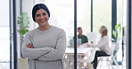 Arms crossed, face and management with happy woman in office for business or corporate development. About us, boss and experience with smile of mature manager in workplace as agency supervisor