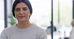 Serious, business and woman with face in office for career pride, about us and journalist at agency. Portrait, mature person and ambition of media reporter, news publication and coverage in workplace