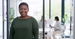 Face, business and black woman with smile in office for career pride, about us and journalist at agency. Portrait, female person and ambition for media reporter, article publication and news coverage