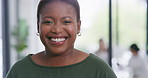 Woman, face and journalist in office for publishing agency, employee and confident smile. Portrait, project management and person with company mission for news, experience and proud business writer