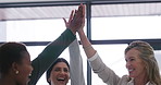 High five, solidarity and business women in office with collaboration, unity or partnership. Happy, team building and group of female financial employees with celebration for investment success.