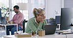 Fatigue, laptop and thinking with business woman at desk in office for anxiety or deadline stress. Bored, depression and frustration with exhausted employee in workplace for planning or research