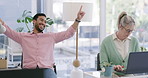 Happy man, winning and boast with colleague in office for achievement, accomplishment or promotion. Excited, male person or employee bragging with celebration, attitude or behavior in workplace