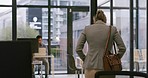 Nervous and anxious woman arriving at an interview with hiring manager in a startup corporate office. CEO waiting for a female candidate looking for job openings, vacancy and office opportunity