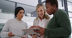 Colleagues, women and ideas with tablet, office and discussion for brand identity on website or app. Browsing, online and digital marketing with tech, people and brainstorming campaign in meeting