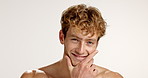 Skincare, happy and face of man in studio with beauty, grooming or dermatology treatment. Smile, health and portrait of male person from London with facial routine for wellness by white background.