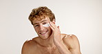 Face, happy man and eye mask for skincare in studio, grooming or dermatology on white background. Portrait, beauty and model with facial patch for hygiene, glow and hydration treatment with cosmetics