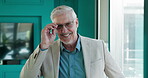 Face, entrepreneur and man with glasses, office or smile for career development, growth or ambition. Happy, mature person and investor with pride for financial success, corporate company, ceo and USA