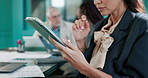 Office, hands or businesswoman on tablet for account, budget review and economic news. Technology, coworking or financial manager in company for meeting, online investment report or research update