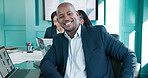 Man, face and happy at meeting with laptop, charts and finance with review at investment agency. Person, broker and smile in portrait, boardroom or computer for graphs, results or revenue for company
