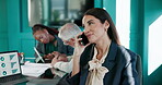 Phone call, negotiation and businesswoman in office with finance deal, contact or report with client. Cellphone, communication and female financial manager on mobile discussion for investment plan.