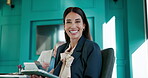 Laugh, face or businesswoman on tablet in office for account, budget review or economic news. Technology, confidence or happy financial manager in company with investment report or research update