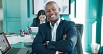 Man, face and arms crossed at meeting with laptop, charts or finance for pride at investment agency. Person, broker and smile in portrait, boardroom or pc for graphs, results or revenue for company