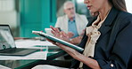 Approval, hands or businesswoman on tablet for accounting, budget review or news. Meeting, finance advisor and financial manager typing in office with online investment, report and research update