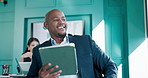 Smile, tablet and thinking with business man in financial office for portfolio ideas or investment. App, planning and wealth management with happy finance employee in boardroom for development