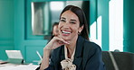 Face, business and woman in meeting, funny and smile with accounting expert, pride and humor. Portrait, mature person and financial advisor in office, economy specialist and laughing with happiness