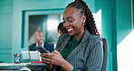 Finance, laughing and phone with business woman in boardroom for portfolio or wealth management. App, communication and funny with corporate employee in coworking office for stock market trading