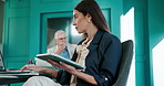 Review, meeting or businesswoman on technology for accounting, project budget or news. Coworking, finance advisor or financial manager in office with online investment, report and research update