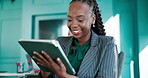 Tablet, reading or happy black woman in business for asset account, budget review or economic news. Digital technology, research and financial manager with online investment report or approval update