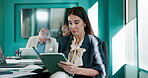 Research, meeting or businesswoman on technology for asset account, budget review or news. Tablet, laptop and financial manager typing in office with online investment, report and approval update