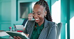 Approval, reading or happy black woman on tablet for account, budget review or economic news. Digital technology, smile or financial manager in office with online investment report or research update