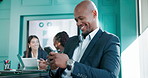 Man, phone and happy at meeting with finance, charts and scroll with app at investment agency. Person, broker and click with fintech, boardroom and pc for graphs, results or revenue for company