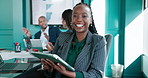 Tablet, face or happy black woman in meeting for asset account, budget review or economic news. Digital technology, confident and financial manager with online investment report or approval update