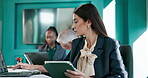 Office, typing or businesswoman on technology for account, budget review and economic news. Laptop, coworking or financial manager in meeting with online investment report, tablet and research update