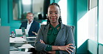 Face, business and woman with arms crossed, smile and confident personality with financial expert. Portrait, person and employee in modern office, meeting and risk management with pride and broker