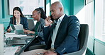 Business, laptop or man with phone call in office for account management, feedback or finance plan. Financial advisor, screen or speaking to client for investment advice, budget chart and negotiation